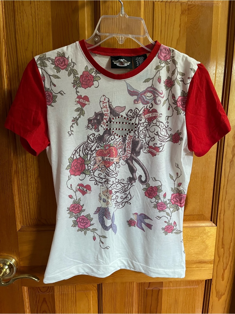 Harley-Davidson Tee with Red Sleeves and Pink Floral Ed Hardy Inspired Graphics